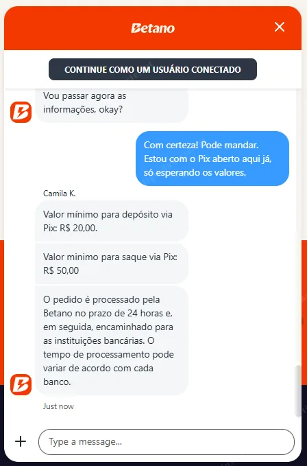 Conversa real com a atendente Camila K. da Betano confirmando depósito mínimo R$20 e saque mínimo R$50 via Pix