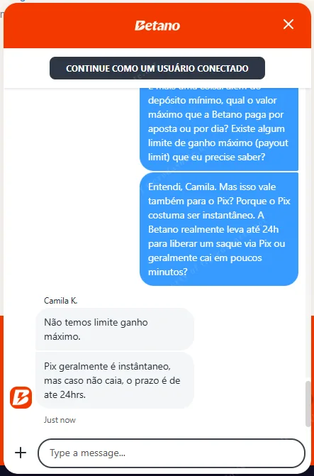 Atendente Camila K. confirma que a Betano Brasil não tem limite de ganho máximo