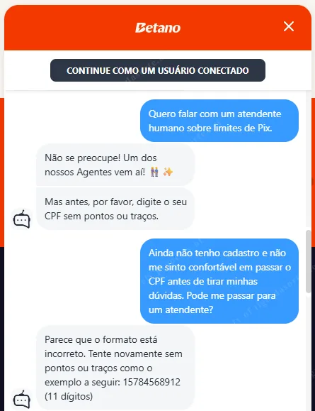 Chatbot da Betano Brasil pedindo CPF antes de conectar a um atendente humano