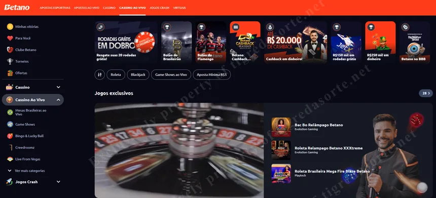 Cassino ao vivo da Betano Brasil com roleta, blackjack e game shows da Evolution Gaming