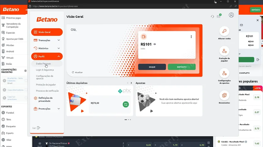 Painel de conta da Betano Brasil — visão geral, saldo, depósitos e verificação