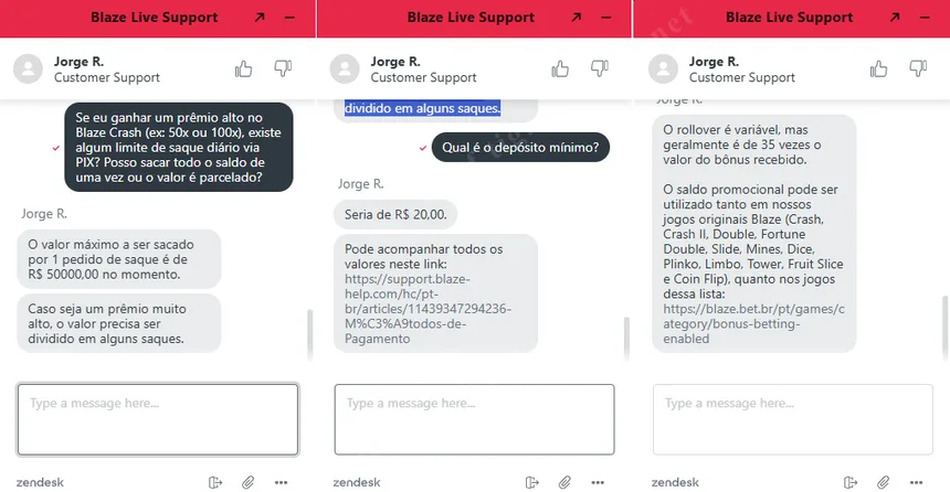 Chat ao vivo com suporte da Blaze — Jorge R. confirmando limite de saque R$50.000, depósito mínimo R$20 e rollover 35x
