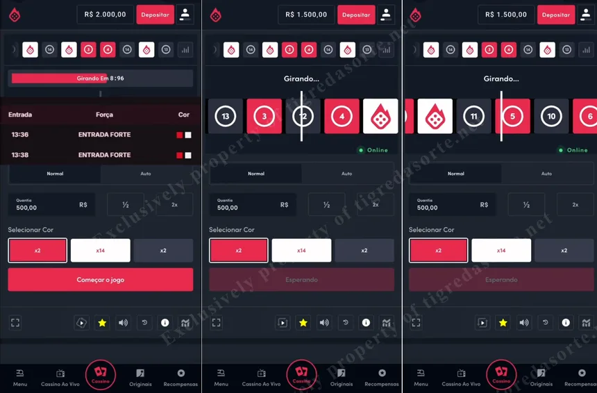 Blaze Double em ação — três rodadas mostrando a mecânica de cores e multiplicadores
