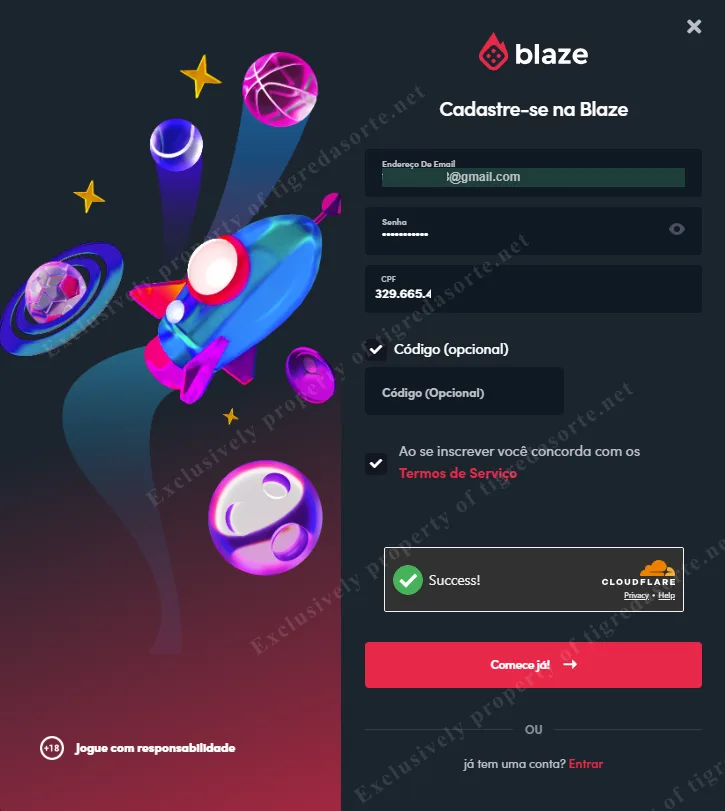 Tela de cadastro na Blaze Brasil — e-mail, senha, CPF e código opcional