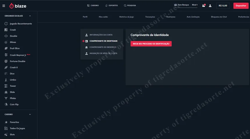 Painel da Blaze exigindo comprovante de identidade — sem verificação não há acesso aos jogos