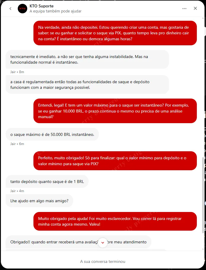Chat com suporte do KTO confirmando saque instantâneo