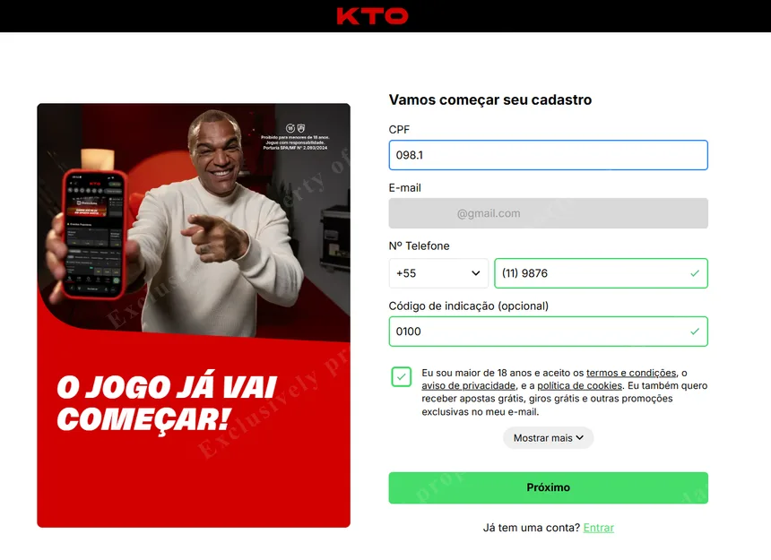 Processo de inscrição no KTO Brasil