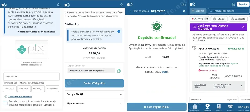 Depósito via PIX no Sportingbet — código gerado, R$10 depositado e confirmação instantânea