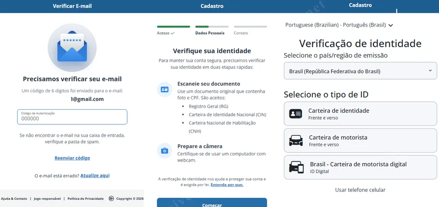 Cadastro no Sportingbet parte 1 — verificação de e-mail, scan de documento e escolha de tipo de ID