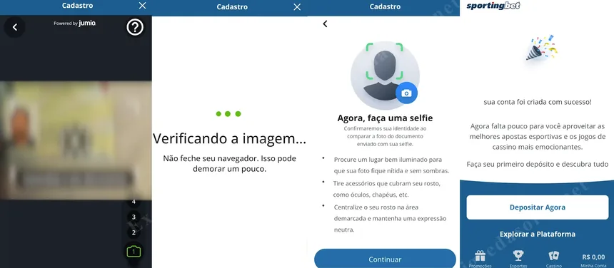 Cadastro no Sportingbet parte 2 — verificação da imagem do documento, selfie obrigatória e tela de sucesso