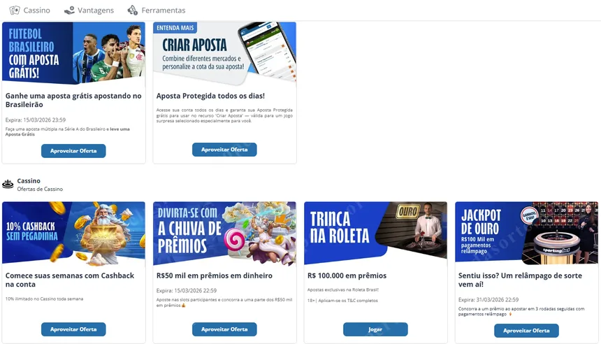 Promoções ativas no Sportingbet — Aposta Protegida, Cashback 10%, Chuva de Prêmios, Trinca na Roleta e Jackpot de Ouro