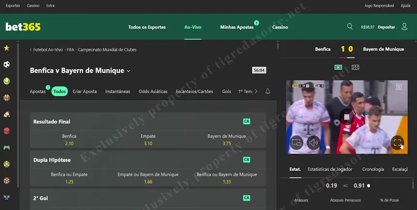 Interface de apostas ao vivo do Bet365 — Benfica vs Bayern de Munique com odds em tempo real
