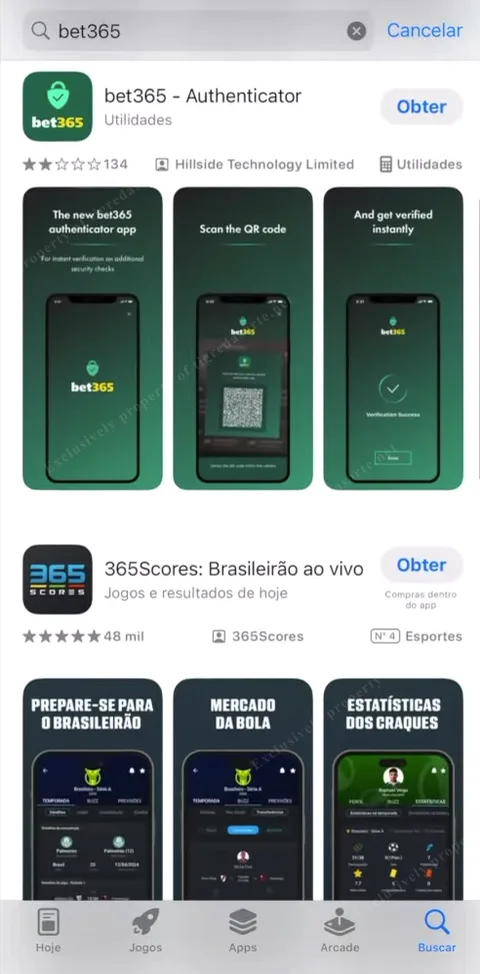 App Store brasileira mostrando apenas o Bet365 Authenticator — sem app principal de apostas para iOS