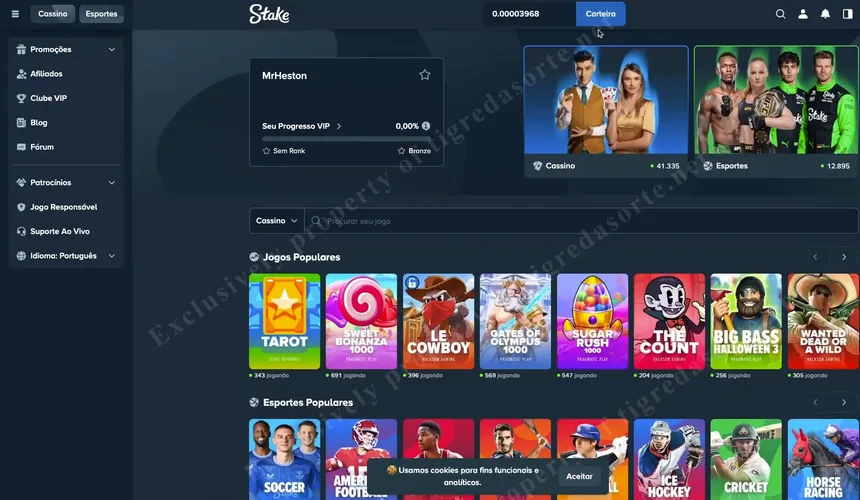Lobby do Stake Brasil após login — 41.335 jogadores online no cassino, jogos populares e barra de progresso VIP