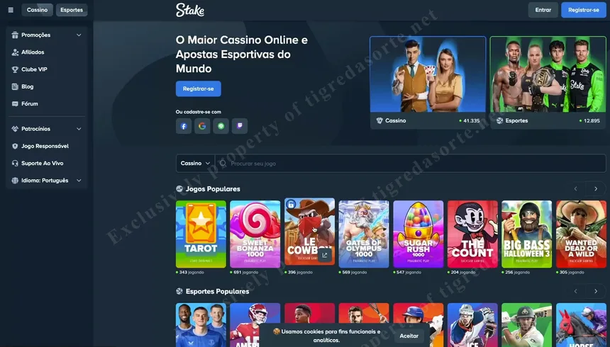 Site do Stake mostrando redirecionamento para versão brasileira Stake.bet.br